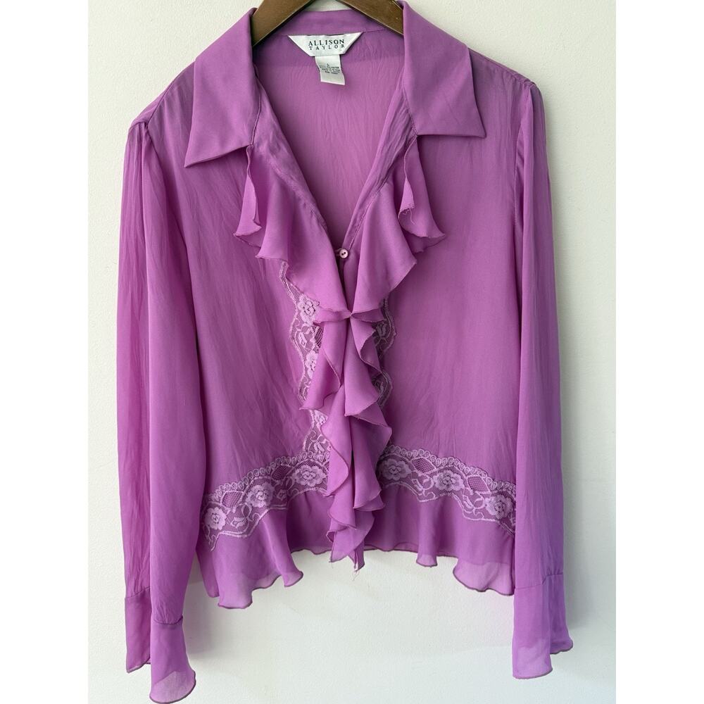 Allison Taylor Vintage Ruffle Blouse 90s Chiffon Y2K Purple Size L Fairycore